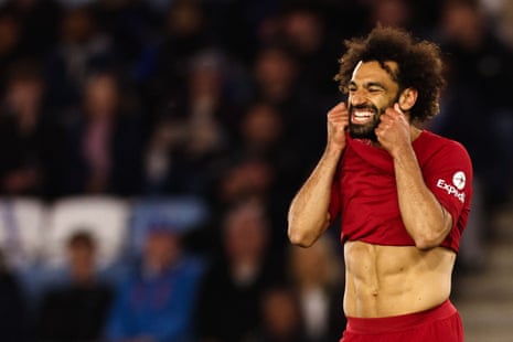 Liverpool's Mohamed Salah reacts after a missed chance during the Premier League match against Leicester City.