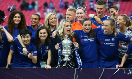 Emma Hayes and Chelsea with the FA Cup trophy.
