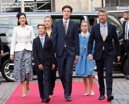 Crown Princess Mary, Crown Prince Frederik and children Prince Christian, Princess Isabella, Prince Vincent, Princess Josephine at the Cathedral Church of Our Lady in Copenhagen, Denmark, to celebrate Queen Margrethe’s 50 years on the Danish Throne.