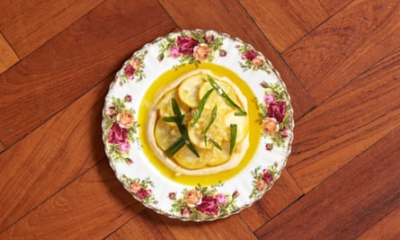 ‘Mellow-flavoured’: courgettes with taramasalata.