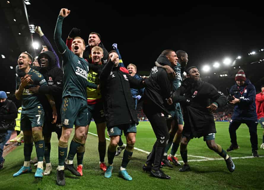 Duncan Watmore of Middlesbrough and team-mates celebrate after beating Manchester United on penalties.