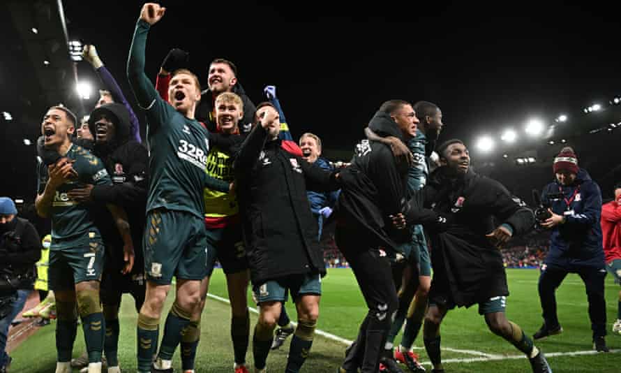 Middlesbrough players celebrate after beating Manchester United on penalties in the FA Cup fourth round