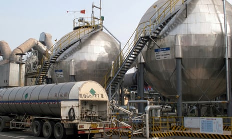 Carbon dioxide storage tanks at a cement plant and carbon capture facility in China