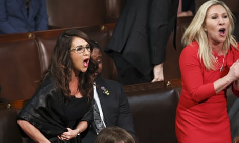 Lauren Boebert (left) and Marjorie Taylor-Greene in happier times, hollering during Joe Biden’s State of the Union address to Congress in March.