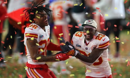 Deon Bush and Joshua Williams celebrate the Chiefs’ victory in Super Bowl LVII