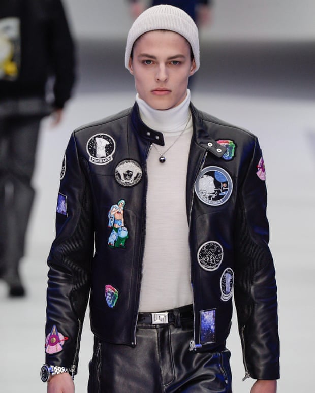 A model wearing a Versace take on the NASA jacket for autumn/winter 2016.
