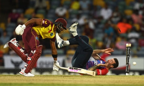 Shai Hope of West Indies is run out by Reece Topley of England.
