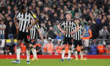Newcastle’s players look dejected after Curtis Jones puts Liverpool 2-1 up