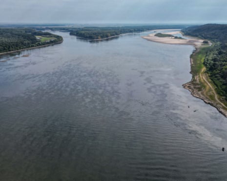An aerial view shows the splitting point of Danube with Bala branch (L) and Old Danube (R), the place where a controlled underwater explosion took place on the riverbed of the Danube River in Izvoarele village.