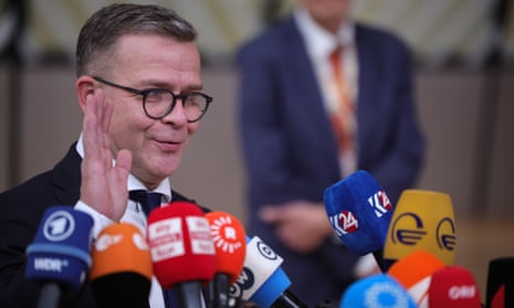 Finland’s Prime Minister Petteri Orpo speaks to the media as he arrives for the European Council meeting in Brussels, Belgium, 26 October 2023.
