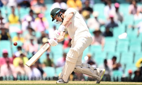 Marnus Labuschagne hits a cover drive as Australia pass 100 in the second innings