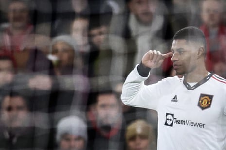 Manchester United's Marcus Rashford celebrates after opening the scoring in their League Cup semi-final first-leg match against Nottingham Forest.