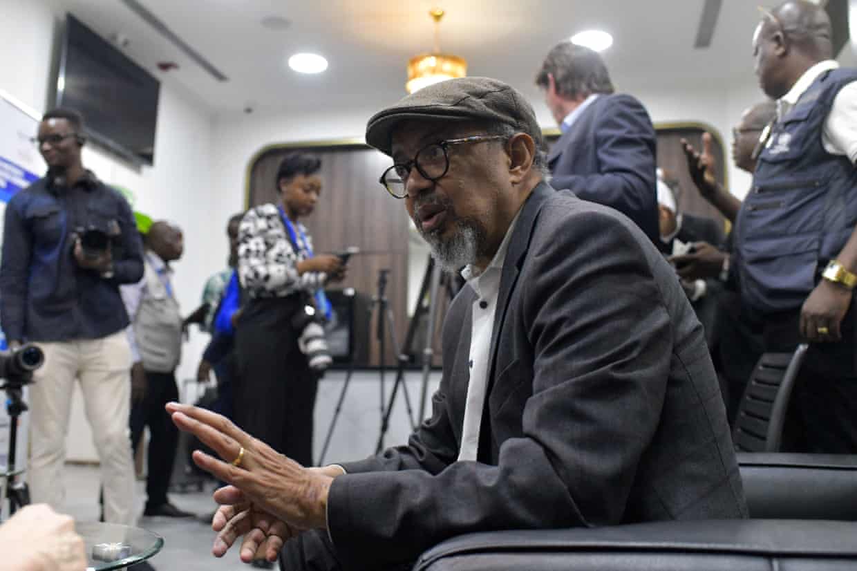 Dr Tedros Adhanom Ghebreyesus speaking to reporters in Kinshasa.