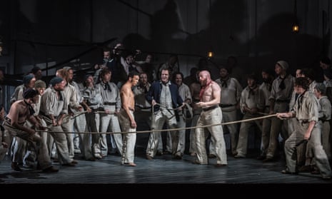 ‘One of the few moments when the show generates any energy’ … a wrestling bout between Billy (Roderick Williams) and Red Whiskers (Daniel Norman) in Billy Budd at Leeds Grand theatre.