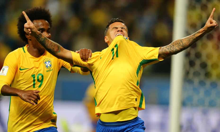 Philippe Coutinho celebrates after scoring for Brazil against Ecuador in World Cup 2018 qualifying.