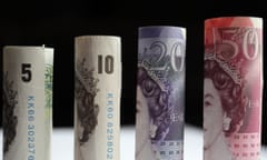 a row of banknotes from £5 to £50