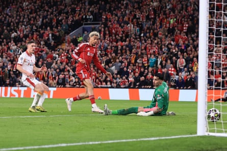 Hugo Ekitiké watches his shot roll towards the net with Galatasaray’s goalkeeper Ugurcan Cakir beaten
