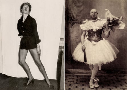 Man dressed as a woman, Mannheim, Germany, c.1960; right, burlesque comedian Crun-Crun in Avignon, France, 1900.