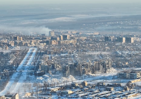 An aerial view shows destroyed buildings as a result of intense fighting in Bakhmut, Ukraine.