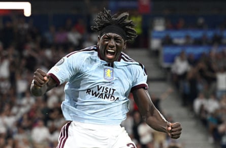 Brian Madjo punches the air after scoring for Aston Villa on the stroke of half-time