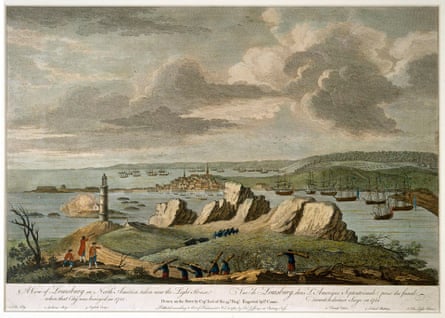A painted view of Louisburg showing a lighthouse on cliffs and tall wooden sailing ships at anchor