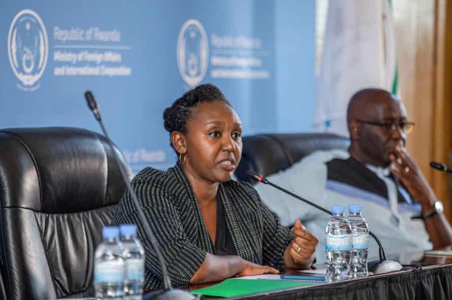 Rwanda’s government spokesperson Yolande Makolo, alongside her deputy Alain Mukuralinda, at a news conference in Kigali this afternoon.