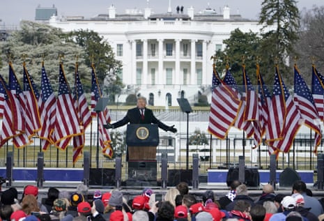 With the White House in the background, then-president Donald Trump speaks at a rally in Washington, Jan. 6, 2021, where he urged supporters to “fight like hell” to overturn his election defeat by Joe Biden. Shortly afterwards, rioters broke into the US Capitol nearby, attempting to prevent the certification of Biden’s 2020 presidential victory.