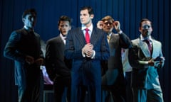 This image released by Jeffrey Richards Associates shows Benjamin Walker, center, and the cast during a performance of "American Psycho," opening at the Gerald Schoenfeld Theatre in New York. Producers of the adaptation of the once-controversial novel by Bret Easton Ellis said Thursday will close June 5 after 81 performances. (Jeremy Daniel/Jeffrey Richards Associates via AP)