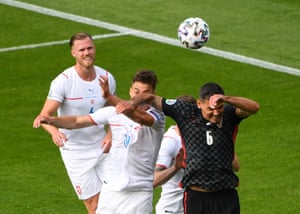 Croatia’s Dejan Lovren fouls Czech Republic’s Patrik Schick and concedes a penalty.