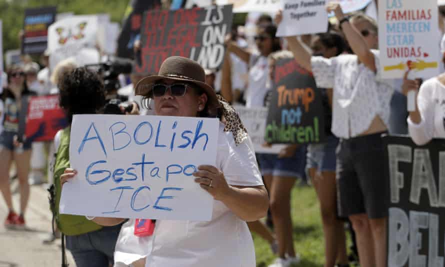 Protesters gather near a US Customs and Border Protection station to speak out against immigration policy, June 30, 2018, in McAllen, Texas.