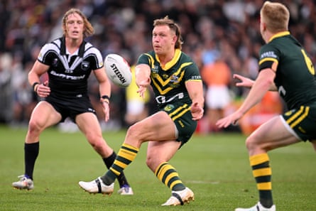 Reuben Cotter of Australia passes the ball during the men’s 2024 Rugby League Pacific Championships match between New Zealand Kiwis and Australian Kangaroos at Apollo Projects Stadium