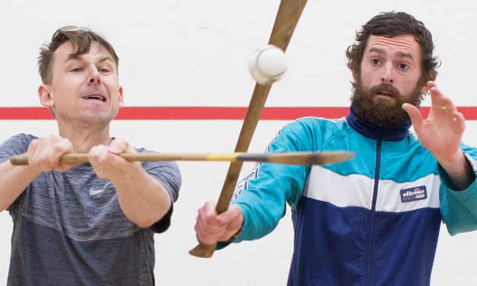 ‘You get a swagger, you are the chosen ones’ … Timmy Creed, right, teaches Tim Jonze hurling as they discuss Spliced, showing at the Edinburgh festival.