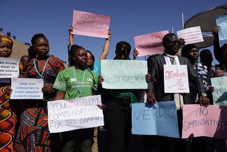 African activists demand climate finance and compensation payments from rich countries to poor countries disproportionately affected by climate change and fossil fuel exploitation protest at the Cop27 climate conference on 9 November 2022 in Egypt.