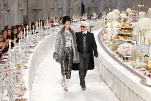 Stella Tennant with designer Karl Lagerfeld during the Metiers d’Art Show for Chanel in Paris in 2011