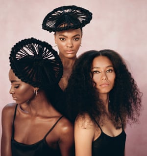 Curl power: three distinctive styles from Charlotte Mensah. Zainab (left) wears sustainable black dress, madebyvoz.com, and earrings, shaunleane.com. Lisa (middle) wears black slip, joseph-fashion.com, and earrings, shaunleane.com. Ruby (right) wears sustainable black dress, madebyvoz.com.