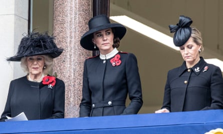 Camilla, Duchess of Cornwall, Catherine, Duchess of Cambridge, and Sophie, Countess of Wessex, on a balcony overlooking the Cenotaph