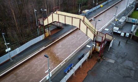 A flooded railway line at Bowling station in Bowling, Scotland.