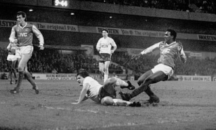David Rocastle, right, scores in the 90th minute to give Arsenal a 2-1 win in the 1987 League Cup semi-final replay against Tottenham at White Hart Lane
