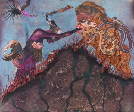 Painting of a stylised mythical beast eating the hand of a person with their head bent before it on a mountain