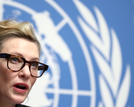 Cate Blanchett in front of the UN logo