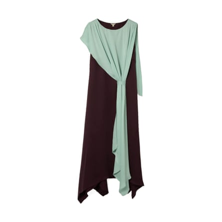 A long Draped Tie Detail Dress by Jigsaw. The base layer is dark oxblood colour and the cape overlay over draped tie is a light turquoise.