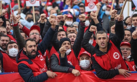 Protestors during a rally of the Confederation of Progressive Trade Unions of Turkey (DISK) against the government in Istanbul, Turkey.