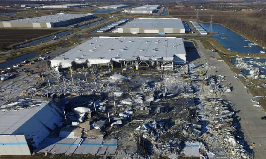 Emergency vehicles surround the site of the roof collapse on Saturday. Overhead view