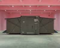 Military-style health control post installation by Racheal Crowther at Chisenhale Gallery