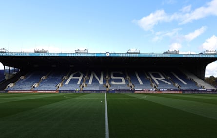 The lettering of Dehphon Chansiri’s name partially removed from the stands at Hillsborough.