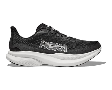 HOKA Mach 6 Running Shoes which have a black upper with a white sole