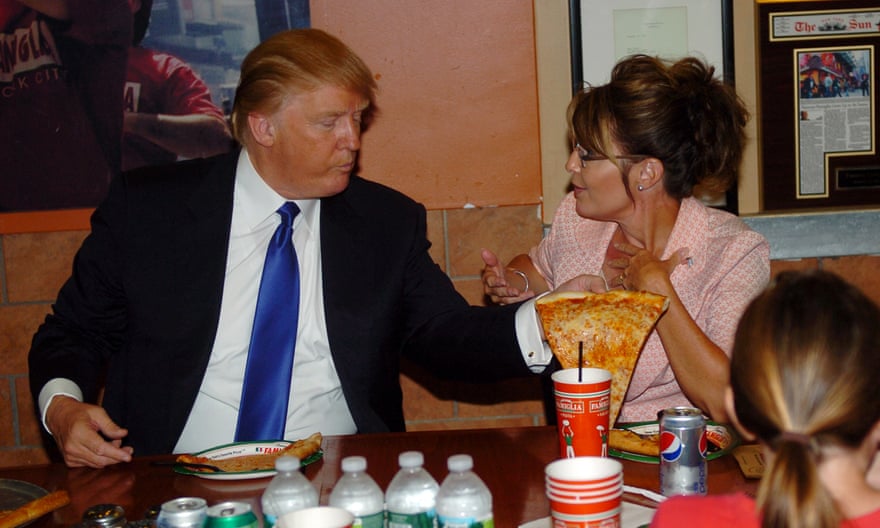 Sarah Palin and Donald Trump share pizza at Famous Famiglia pizza on Broadway at 50th St. in New York in 2016. Trump said: ‘she didn't ask me (to run with her) but I'll tell you, she's a terrific woman.’