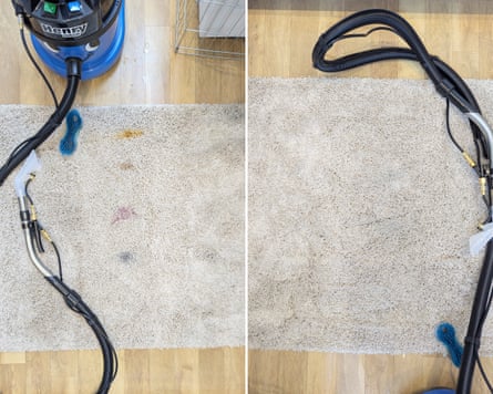 Before and after cleaning stains on a longer pile rug with the Numatic Henry Wash.
