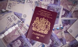 British passport on a pile of £20 notes