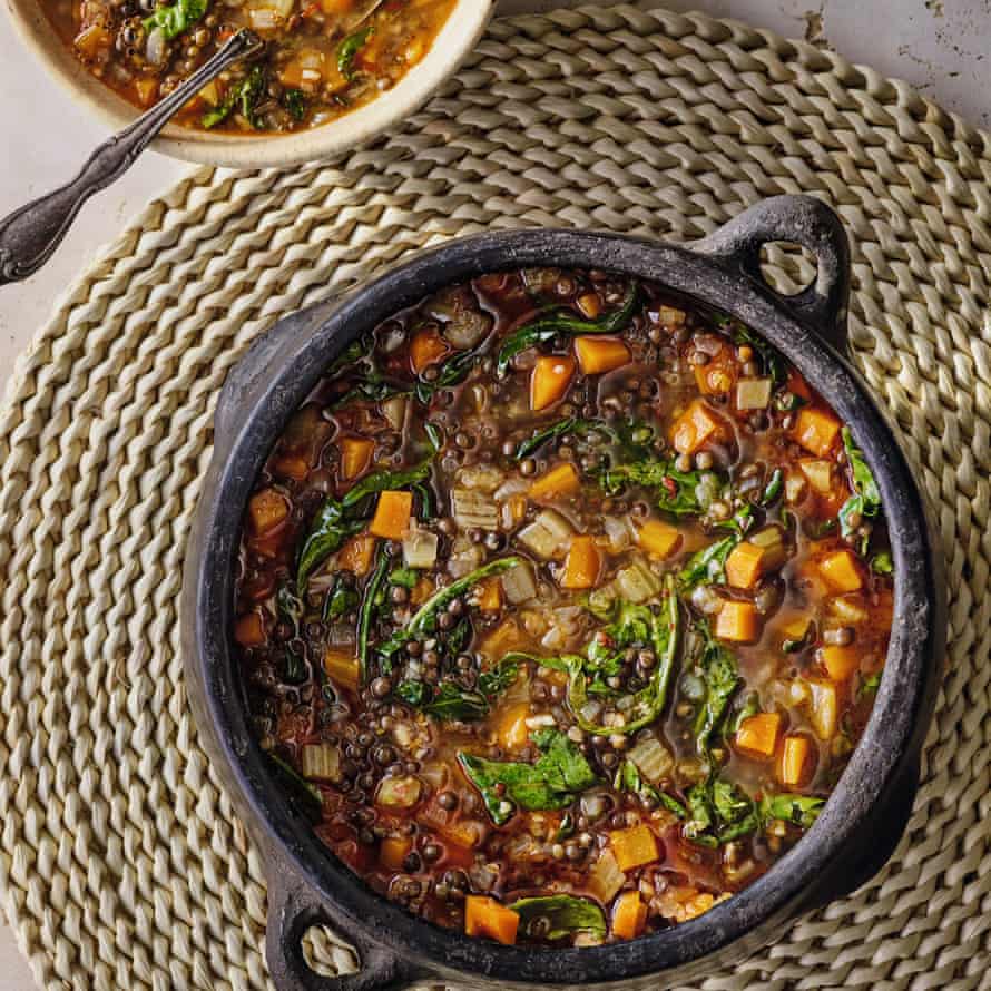 Lentil and vegetable soup with preserved lemon.